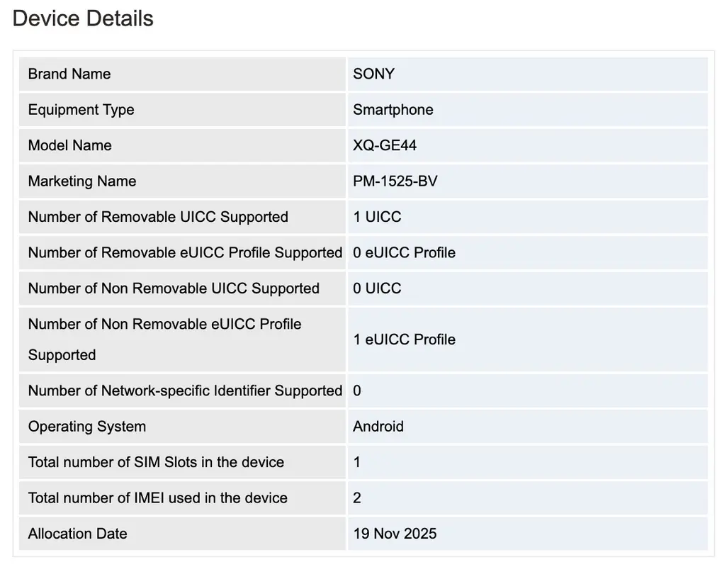 GSMA registration details: Xperia 1 VIII (PM-152X-BV)
