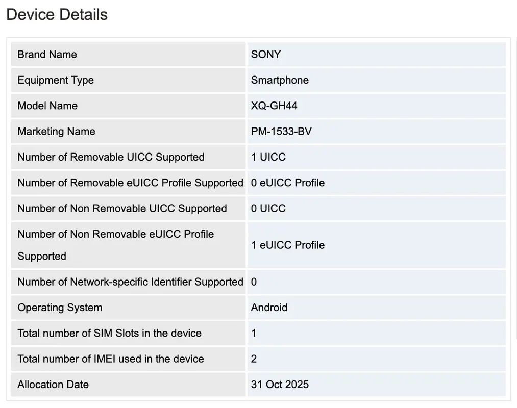 GSMA registration details: Xperia 10 VIII (PM-153X-BV)